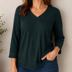 J. Jill Embellished V-Neck Top Women's Medium Dark Green 3/4 Sleeve Tee